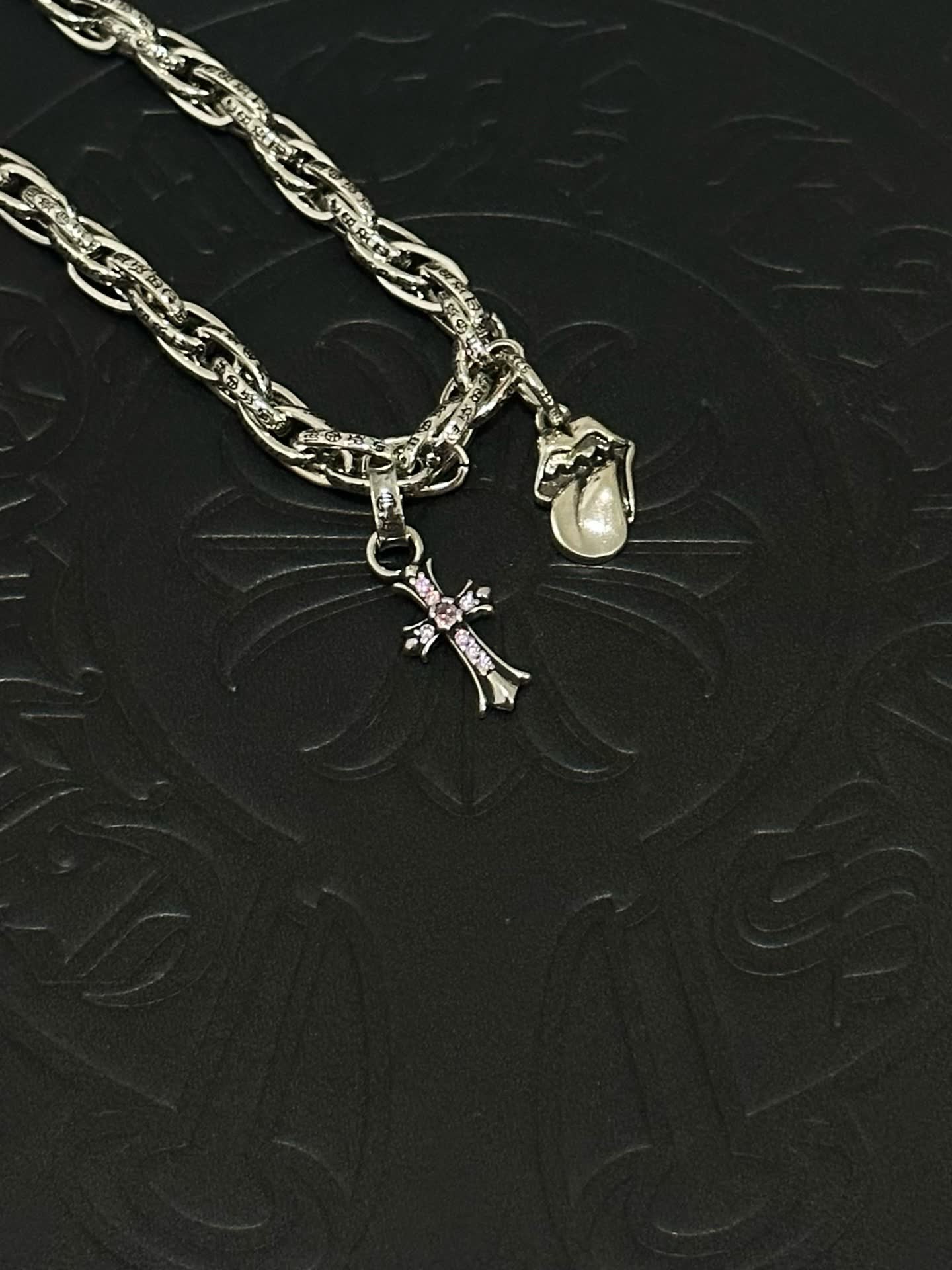 Chrome Hearts Silver Cross Charm Bracelet with Pearl Pendant